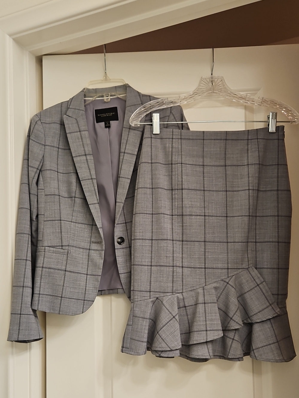 Banana Republic Gray Plaid Blazer with Ruffle-Hem Skirt Set